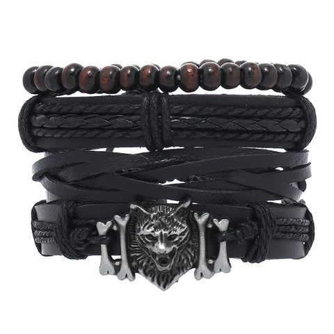 Set di Braccialetti da Uomo in Pelle di Vacchetta Intrecciata Vintage Con Testa di Leone in Lega Perline di Legno Regolabile