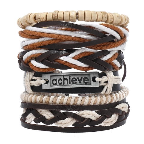 Vintage Herren Geflochtenes Kunstleder Armband Set Mit Achieve Metallplatte Holzperlen Baumwollseil Mehrlagiges Verstellbares Armband