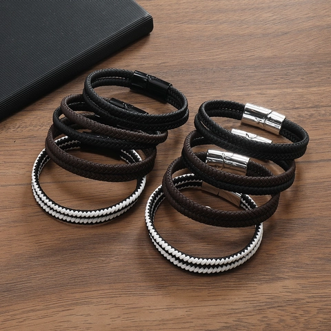 Retro Double Layer Artificial Leather Braided Bracelet For Men Zinc Alloy Magnetic Clasp Geometric Hand Woven Wristband