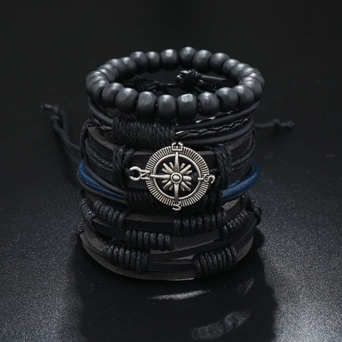 Men Retro Compass Multi Layer Leather Bracelet Combination Handmade Woven Leather Cord Wood Beads Adjustable Punk Jewelry Wristband