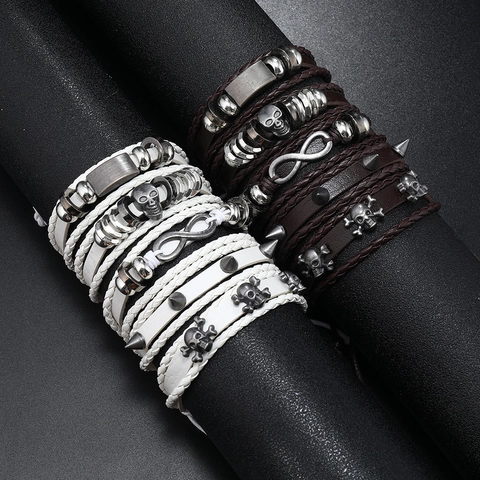 Ensemble de Bracelets en Cuir Tissé Multicouche Punk Crâne Infini pour Hommes Cordon Ciré en Alliage Retro Rock Gothique Street Style Bijoux