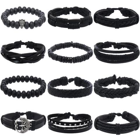 Retro Herren Schwarz Leder Geflochtenes Armband Lebensbaum Schild Kreuz Metall Charm Holzperle Mehrlagig Punk Gothic Schmuck