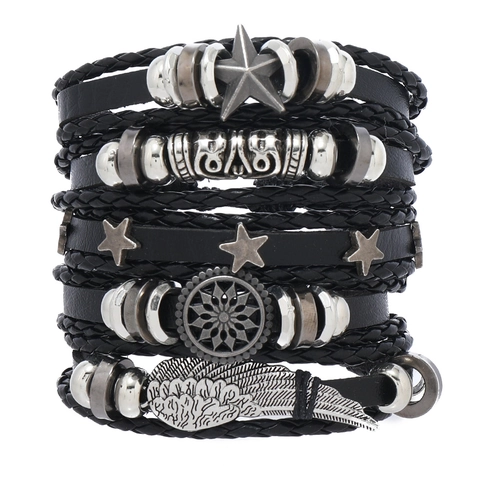 Punk Retro Mehrlagiges Leder Armband Set Für Herren Stern Flügel Legierung Anhänger Geflochtener Handschmuck Bohemian Biker Armband