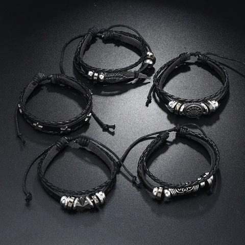 Punk Retro Mehrlagiges Leder Armband Set Für Herren Stern Flügel Legierung Anhänger Geflochtener Handschmuck Bohemian Biker Armband