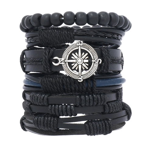 Men Retro Compass Multi Layer Leather Bracelet Combination Handmade Woven Leather Cord Wood Beads Adjustable Punk Jewelry Wristband