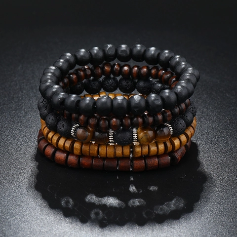 Vintage Heren Houten Kralen Legering Tijgeroog Vulkanische Steen Armband Elastisch Gelaagde Kralen Wristband Hiphop Sieraden