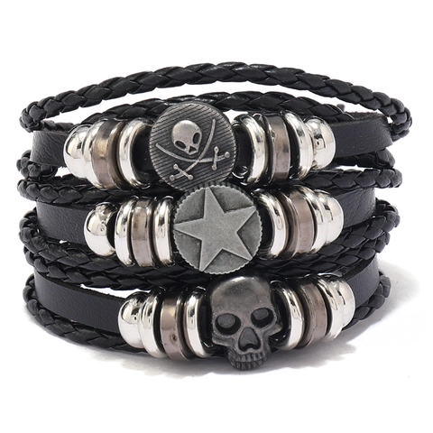 Men's Vintage Punk Skull Star Multi-layer Woven Leather Bracelet Handmade Gothic Alloy Charm Adjustable Wristband Jewelry