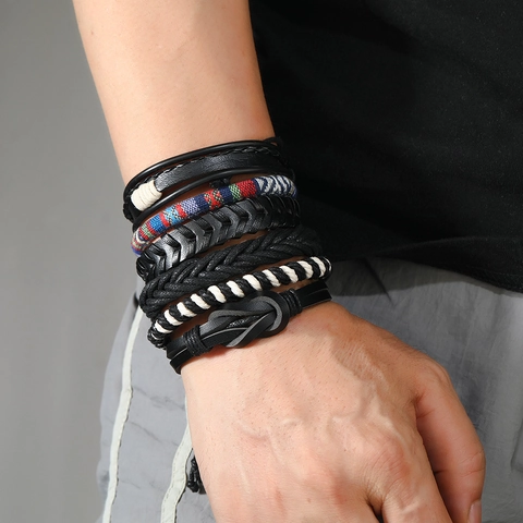 Bracciale da Uomo in Pelle Intrecciata Vintage Multistrato Stile Punk Bohémien Cordino in Pelle Fatto a Mano Gioielli Regolabili