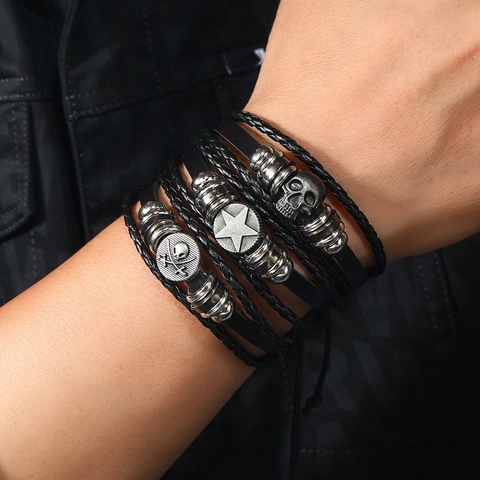 Men's Vintage Punk Skull Star Multi-layer Woven Leather Bracelet Handmade Gothic Alloy Charm Adjustable Wristband Jewelry