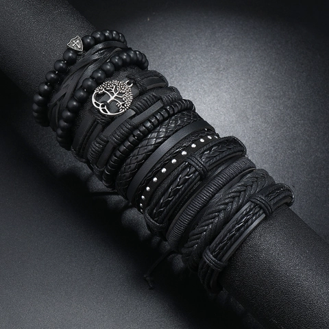Retro Herren Schwarz Leder Geflochtenes Armband Lebensbaum Schild Kreuz Metall Charm Holzperle Mehrlagig Punk Gothic Schmuck