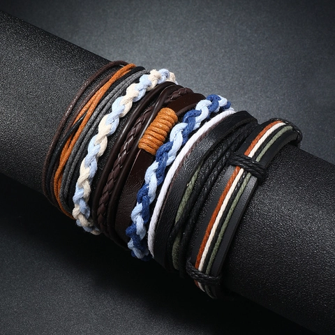 Men Vintage Multilayer Braided Leather Bracelet Set Handmade Bohemian Style Geometric Wrap Cord Wristband Fashion Jewelry Accessory