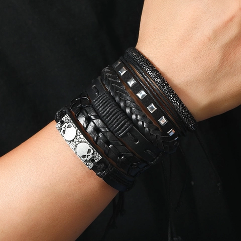 Herren Punk Totenkopf Mehrlagige Echtleder Armbänder Vintage Schwarz Geflochtenes Leder Armreif Legierung Niete Gothic Schmuck