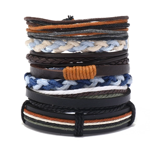 Men Vintage Multilayer Braided Leather Bracelet Set Handmade Bohemian Style Geometric Wrap Cord Wristband Fashion Jewelry Accessory