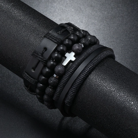 Vintage Men's Multi-layer Braided Leather Bracelet Set With Cross Charm Volcanic Stone Wood Beads Punk Handcrafted Jewelry