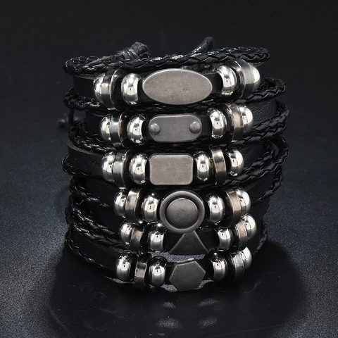 Bracciale da Uomo Multistrato in Pelle di Vacchetta Vintage Fatto a Mano con Ciondolo Geometrico in Lega di Zinco Punk