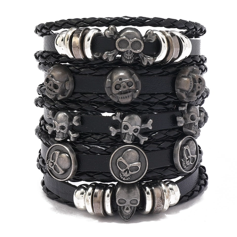 Set di Braccialetti Multistrato in Vera Pelle Vintage Punk da Uomo Intrecciato con Borchie a Teschio Gioielli Rock Gothic Fatti a Mano
