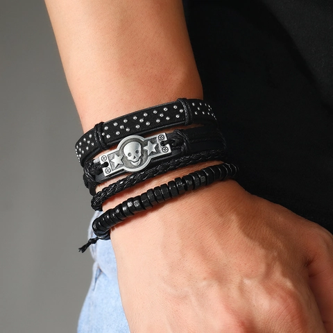Vintage Punk Leren Armband voor Heren Schedel Ster Studs Gelaagd Gevlochten Handgemaakt Rock Mode Sieraden