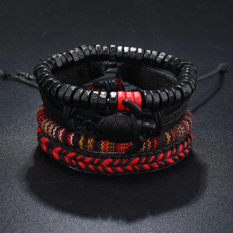 Hombre Bohemio Hecho a Mano Tejido Multicapa Pulsera de Cuero Tortuga Aleación Cuentas de Madera Cuerda de Cera Retro Hip Hop Joyería