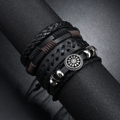 Men's Multi-layer Braided Leather Bracelet Set Vintage Punk Rock Adjustable Cord Wristband With Alloy Charm Jewelry