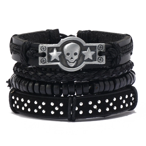 Vintage Punk Leren Armband voor Heren Schedel Ster Studs Gelaagd Gevlochten Handgemaakt Rock Mode Sieraden