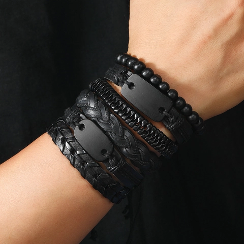 Vintage Herren Schwarz Rindsleder Geflochtenes Armband Mehrschichtig Punk Industrie Geometrische Metall Tag Einstellbar Schmuck Hand Zubehör