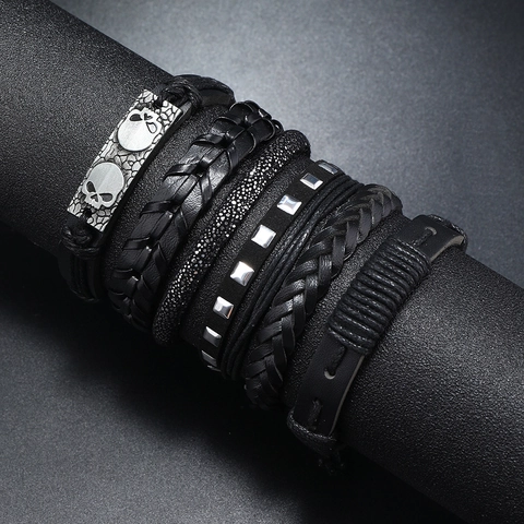 Herren Punk Totenkopf Mehrlagige Echtleder Armbänder Vintage Schwarz Geflochtenes Leder Armreif Legierung Niete Gothic Schmuck
