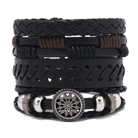 Men's Multi-layer Braided Leather Bracelet Set Vintage Punk Rock Adjustable Cord Wristband With Alloy Charm Jewelry