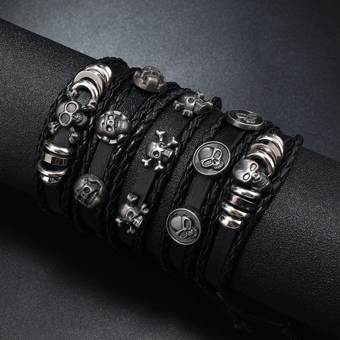 Set di Braccialetti Multistrato in Vera Pelle Vintage Punk da Uomo Intrecciato con Borchie a Teschio Gioielli Rock Gothic Fatti a Mano