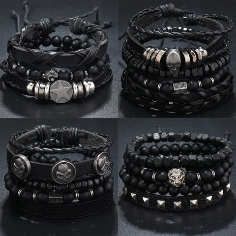 Men Vintage Punk Multilayer Leather Bracelet Frosted Stone Beaded Bracelet With Skull Star Lion Charm Retro Hip Hop Jewelry