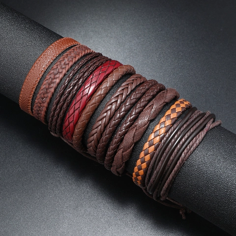 Vintage Tejido a Mano de Cuero Multicapa Pulsera Conjunto para Hombres Boho Ajustable Cuero de Vaca Marrón Joyería
