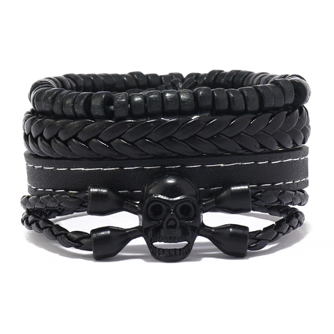 Herren Punk Leder Armband Set Schwarz Handgemacht Geflochtenes Seil Totenkopf Charme Perle Wickelarmbänder Gothic Vintage Schmuck