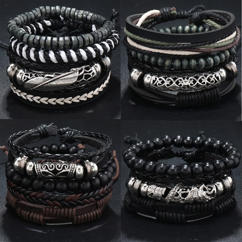 Vintage Men Multi-layer Braided Leather Bracelet Set With Wood Beads Alloy Feather Rudder Charms Retro Punk Hip Hop Jewelry
