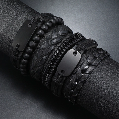 Vintage Herren Schwarz Rindsleder Geflochtenes Armband Mehrschichtig Punk Industrie Geometrische Metall Tag Einstellbar Schmuck Hand Zubehör