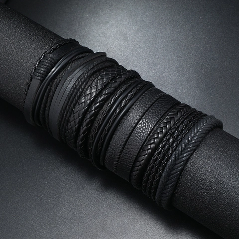 Vintage Men Black Leather Braided Bracelet Set Handmade Punk Wrap Wristband With Alloy Wax Cord Jewelry Gift For Everyday Wear