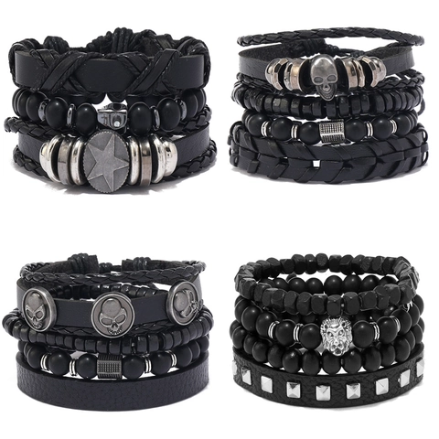 Men Vintage Punk Multilayer Leather Bracelet Frosted Stone Beaded Bracelet With Skull Star Lion Charm Retro Hip Hop Jewelry