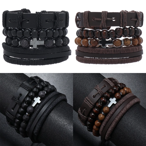 Vintage Men's Multi-layer Braided Leather Bracelet Set With Cross Charm Volcanic Stone Wood Beads Punk Handcrafted Jewelry