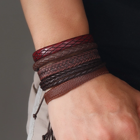 Vintage Tejido a Mano de Cuero Multicapa Pulsera Conjunto para Hombres Boho Ajustable Cuero de Vaca Marrón Joyería