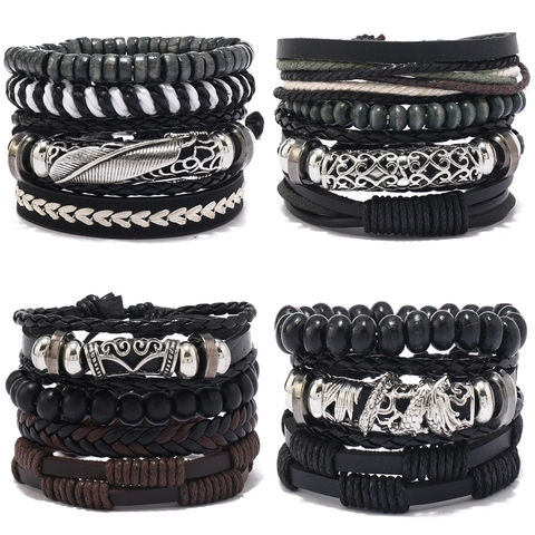 Vintage Men Multi-layer Braided Leather Bracelet Set With Wood Beads Alloy Feather Rudder Charms Retro Punk Hip Hop Jewelry