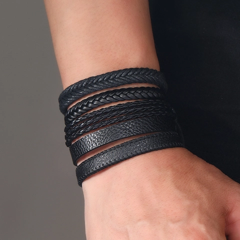 Vintage Men Black Leather Braided Bracelet Set Handmade Punk Wrap Wristband With Alloy Wax Cord Jewelry Gift For Everyday Wear