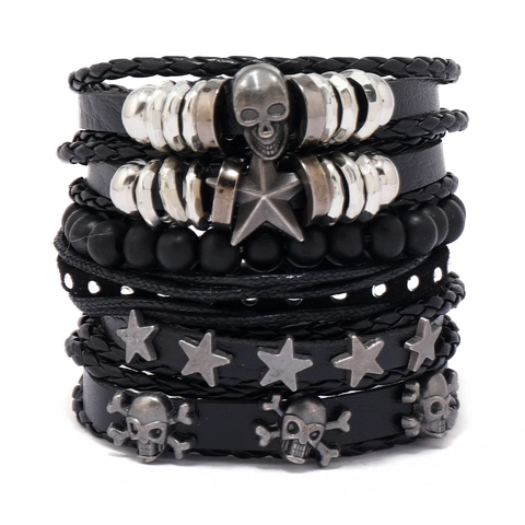 Herren Mehrlagiges Punk Totenkopf Kunstleder Armband Set Handgeflochten Gothic Rock Stern Anhänger Vintage Armreif Schmuck