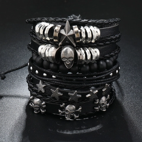Herren Mehrlagiges Punk Totenkopf Kunstleder Armband Set Handgeflochten Gothic Rock Stern Anhänger Vintage Armreif Schmuck