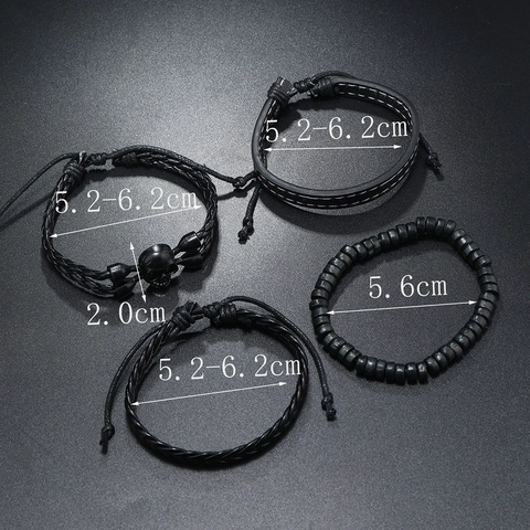 Herren Punk Leder Armband Set Schwarz Handgemacht Geflochtenes Seil Totenkopf Charme Perle Wickelarmbänder Gothic Vintage Schmuck