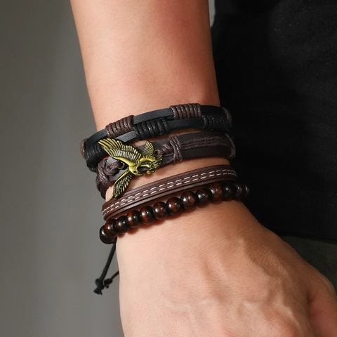 Vintage Hip Hop Men Eagle Pendant Braided PU Leather Wood Bead Multilayer Adjustable Wristband Jewelry Bracelet Accessory