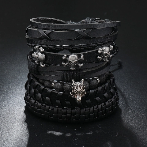 Bracciale da Uomo Vintage Punk con Testa di Lupo e Teschio Multistrato in Pelle PU Intrecciata Gothic Rock Pietre Laviche Regolabile Gioielli