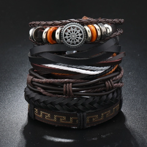 Bracciale in Pelle Vintage da Uomo Intrecciato a Mano Multistrato Punk Corda in Lega Ciondolo Bussola Cinturino Gioielli Stile Etnico Retro