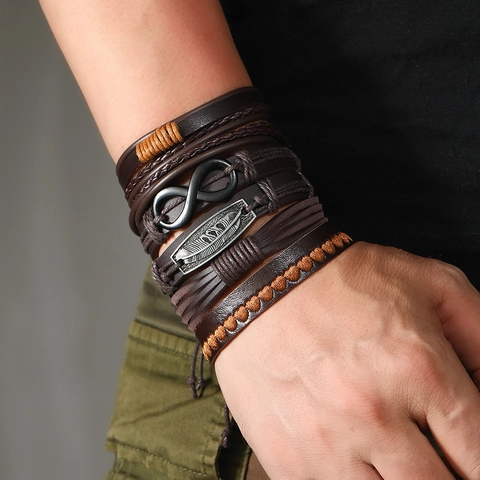Bracciale in Pelle Uomo Retro Punk Simbolo Infinito Ciondolo Piuma Multistrato Intrecciato Lega Marrone Gioielli alla Moda