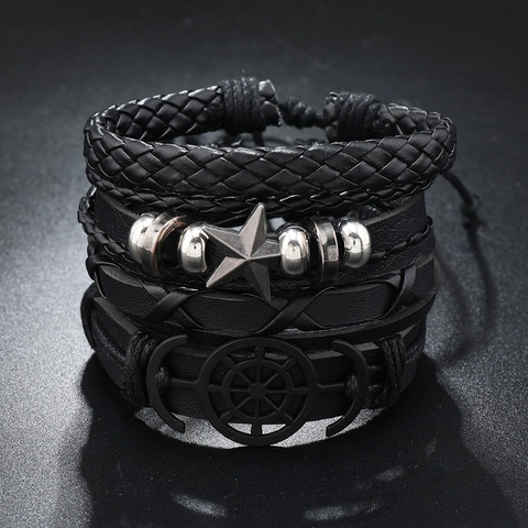 Set Bracciale Intrecciato in Pelle Multistrato da Uomo Vintage 4 Pezzi Nero PU Stella Ancora Timone Punk Biker Gioielli