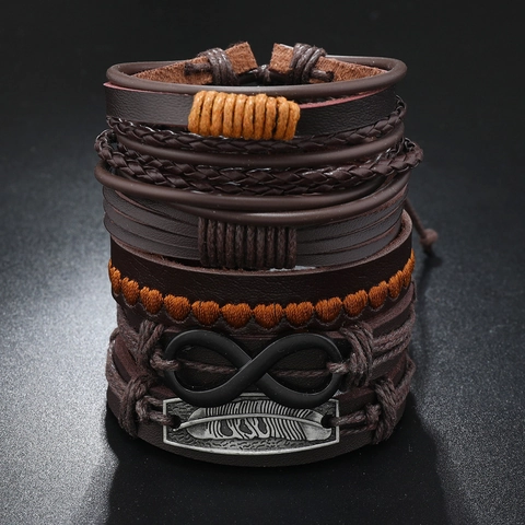 Bracciale in Pelle Uomo Retro Punk Simbolo Infinito Ciondolo Piuma Multistrato Intrecciato Lega Marrone Gioielli alla Moda