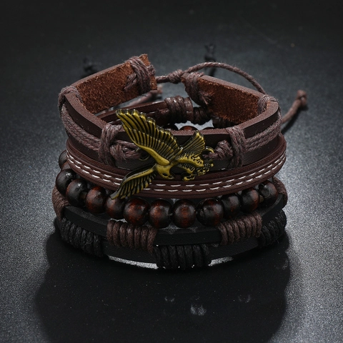 Vintage Hip Hop Men Eagle Pendant Braided PU Leather Wood Bead Multilayer Adjustable Wristband Jewelry Bracelet Accessory