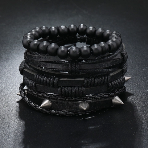 Men Retro Punk Hip Hop Multilayer Bracelet Handwoven Leather Alloy Rivet Wood Beads Bangle Wristband Jewelry Accessory